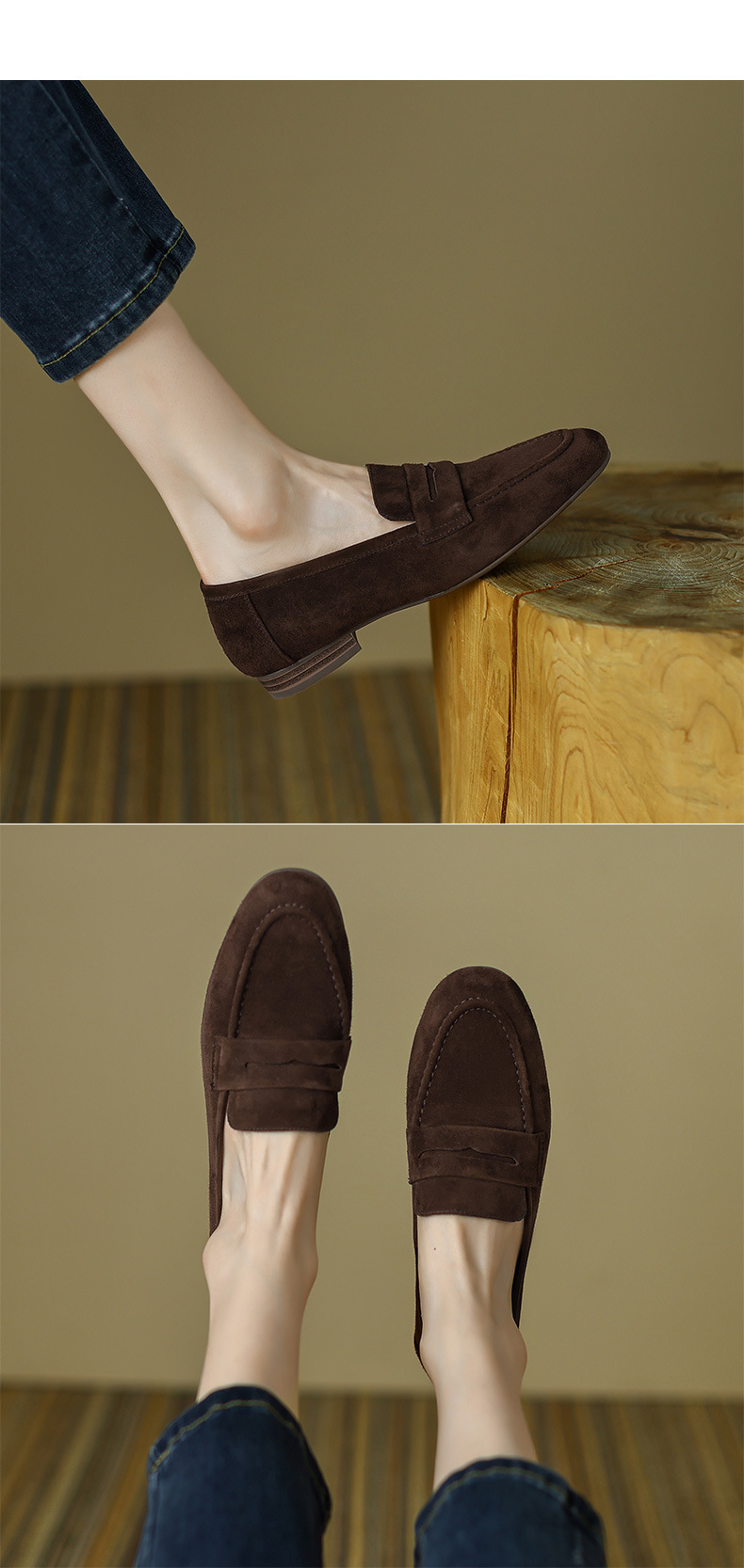 Giày Loafer Nữ Mũi Vuông Gót Bệt Phong Cách Anh Quốc — nâu chi tiết 6