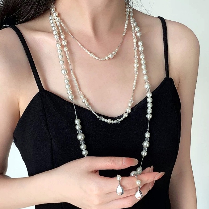 2506203 (1) 长款珍珠项链纯银水晶叠戴复古满天星