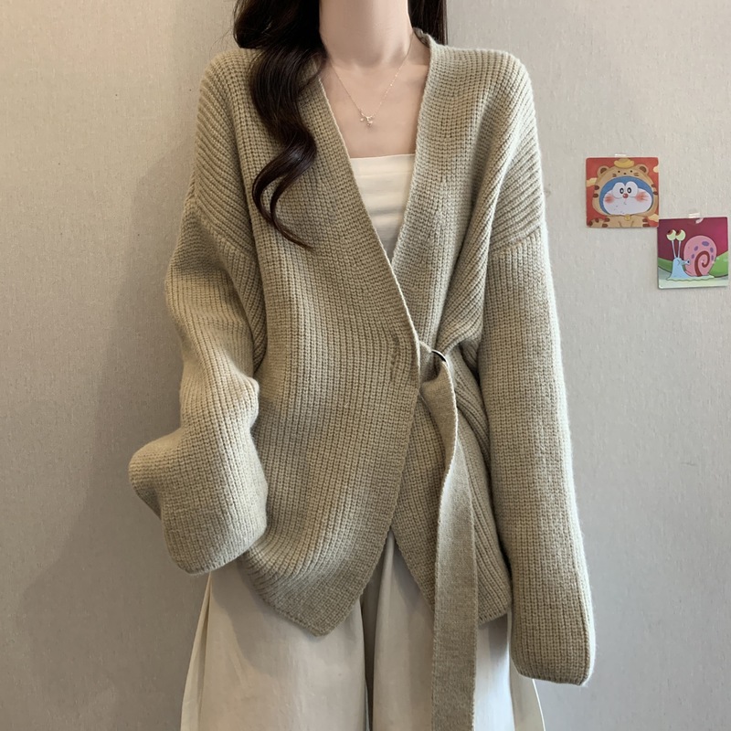 跨境外贸慵懒高级感V领系带针织开衫女秋冬季宽松中长款毛衣外套|undefined