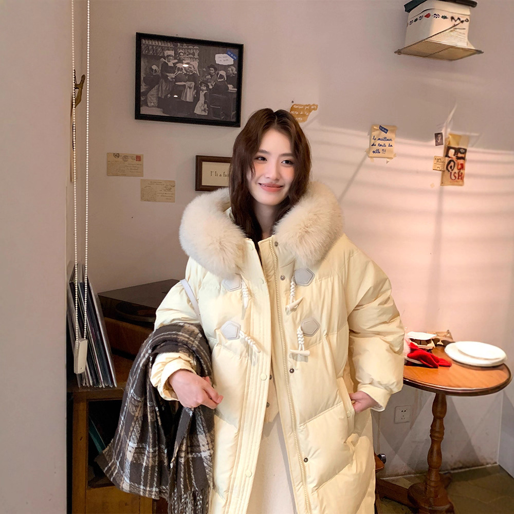 90羽绒服女冬季2025年新款中长款牛角扣设计感小众大毛领加厚长款