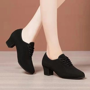 Professional Latin Dance Shoes for Women, Adult Oxford Cloth Mid-Heeled Dance Shoes, Soft-Soled Modern Dance Practice Social Dance Shoes for Women