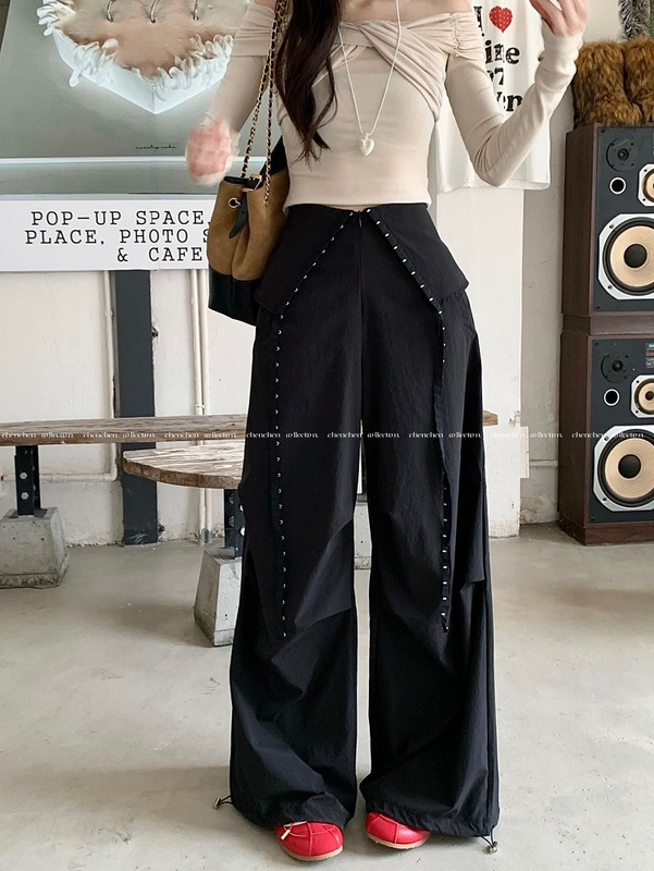 黑色美式酷飒工装裤2025降落伞设计感百搭休闲翻边速干阔腿裤长裤|undefined