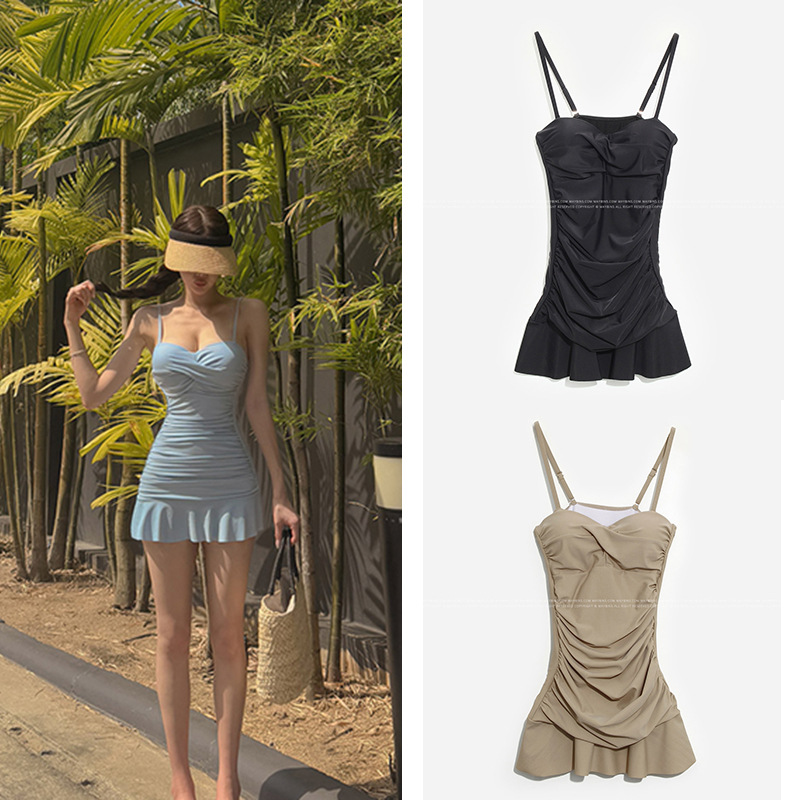 少女气质保守裙式两件套钢托聚拢遮肚显瘦露背温泉度假游泳衣女