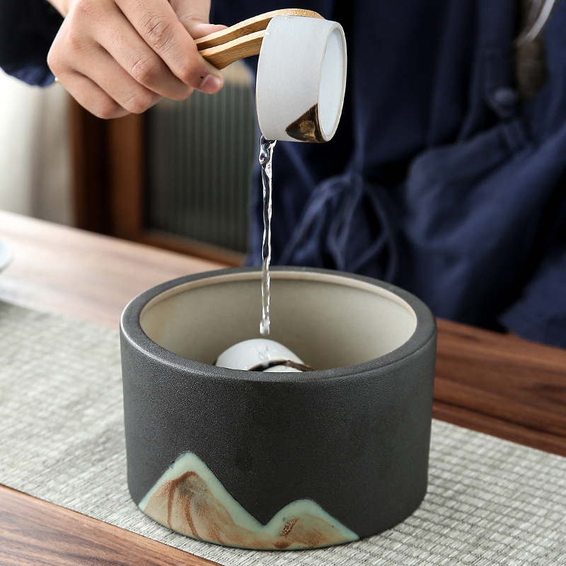 远山大号茶洗粗陶禅意家用黑白洗茶杯器皿茶盆建水茶渣缸花盆水盂