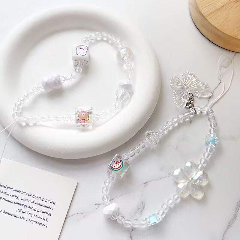 New Handmade DIY Transparent Bow Square Bead Beaded Mobile Phone Chain Cute Girly Style Anti-Fall Mobile Phone Hanging Chain