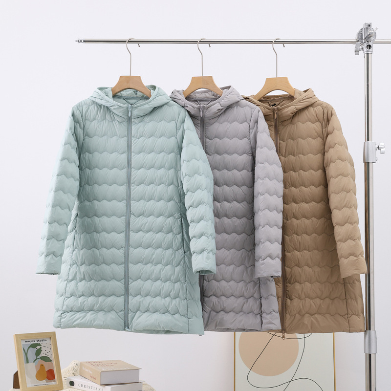 Down Jacket Women's Mid-Length Lightweight Hooded 90 White Duck down Winter New Style Warm and Convenient Thin Jacket