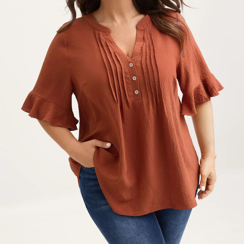 Cross-Border Plus Size Women's V-Neck Ruffled Short-Sleeved Pleated Design with Buttons Pure Cotton Loose and Comfortable Shirt