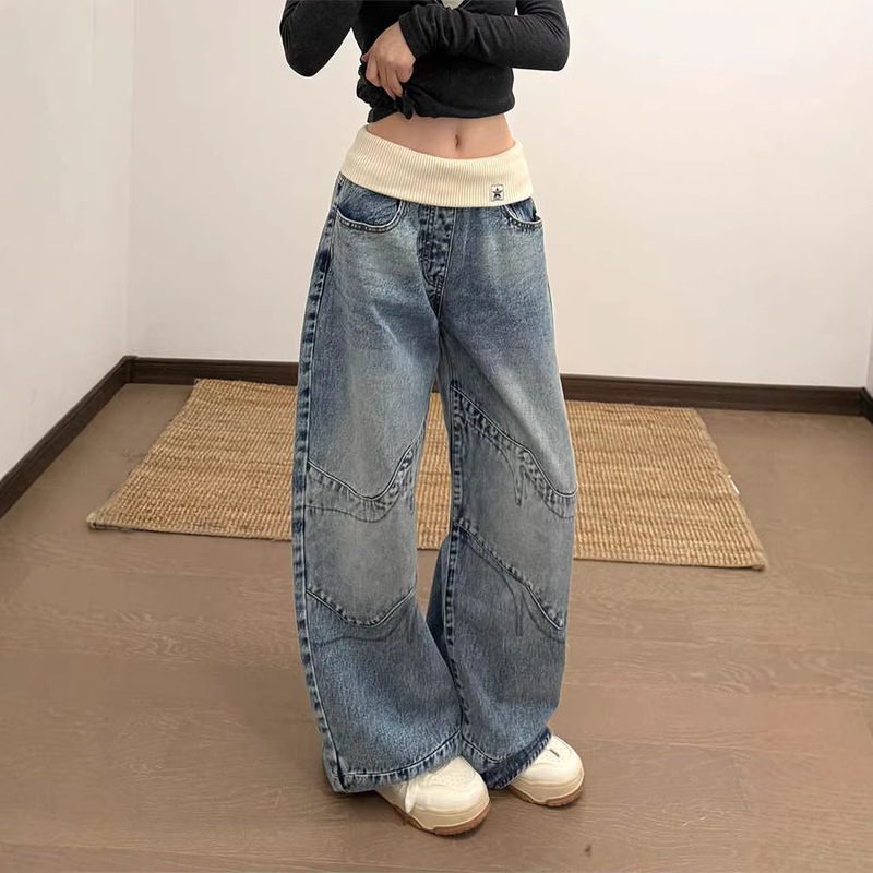 American Retro Design Ribbed Waistband Jeans for Women, Vintage Washed Loose Straight-Leg Floor-Length Pants