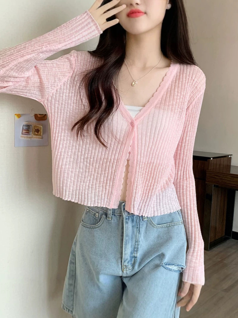 Áo len dệt kim cổ chữ V dài tay mỏng nhẹ chống nắng mùa hè — đen