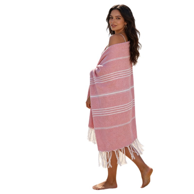 Turco con nappe, scialle a righe, logo personalizzabile, asciugatura rapida, telo mare spesso_voghion.com