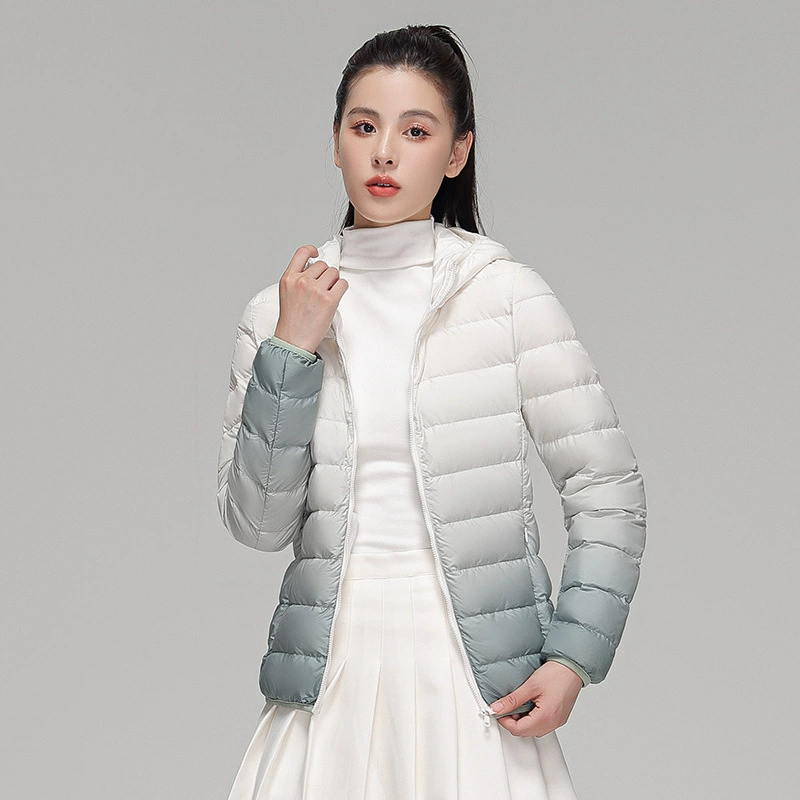 Зимний взрыв тонкий пуховик короткий женский 2024 новый градиентный цвет зимняя модная теплая куртка с капюшоном