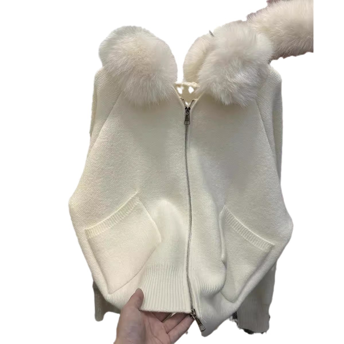 Women's Clothing Oversized Fur-Trim Hooded Cardigan – Winter Knit Sweater Jacket For Women_voghion.com