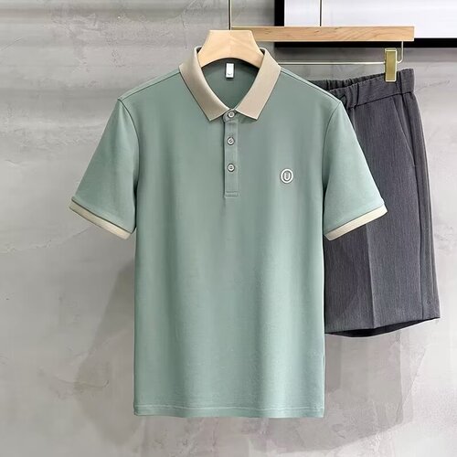 Summer New Short Sleeve Polo Shirt Ice Silk Foreign Trade Paul Shirt Gold Thread Color Block Collar Men's Half Sleeve T-Shirt