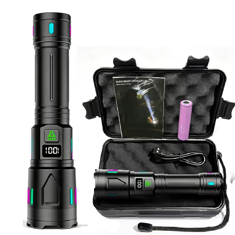 跨境铝合金便携户外应急多功能数显可充电强光超亮手握式手电筒