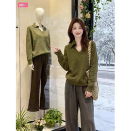 慵懒风绿色翻领软糯毛衣女秋冬2025新款宽松长袖针织衫套头上衣潮