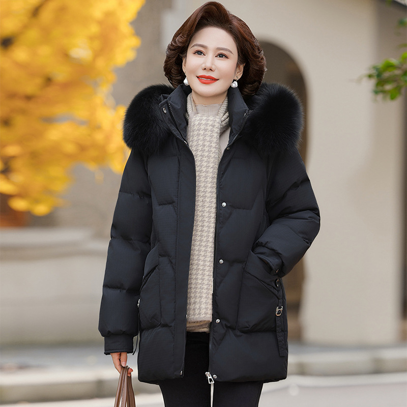 专柜正品妈妈羽绒服女冬装新款大毛领加厚保暖中长款外套中老年女