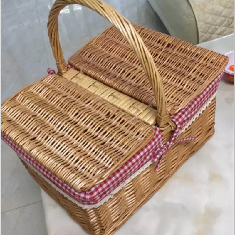 Cesta de mimbre portátil con tapa grande de compras picking cesta de almacenamiento de ratán portátil cesta de picnic al aire libre