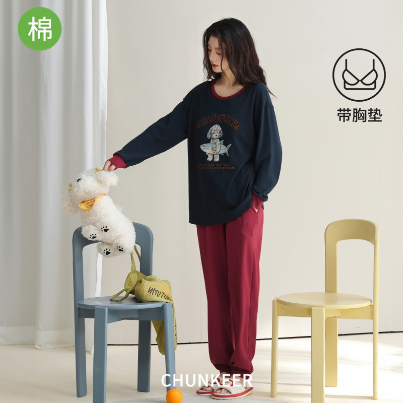 Women's pure cotton pajamas, Korean style, autumn pullover, round neck, cartoon, loose, casual, plus size, home wear, with chest pads, set for autumn and winter Women's pure cotton pajamas, Korean style, autumn pullover, round neck, cartoon, loose, casual, plus size, home wear, with chest pads, set for autumn and winter