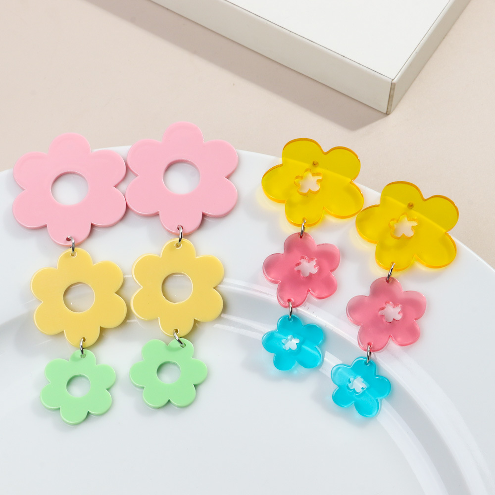 法式田園復古幾何花朵耳環彩色INS風亞克力鏤空拼接甜美少女耳環
