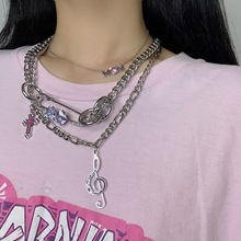 小众皓石回形针项链金属双层音符十字架水晶宝石choker