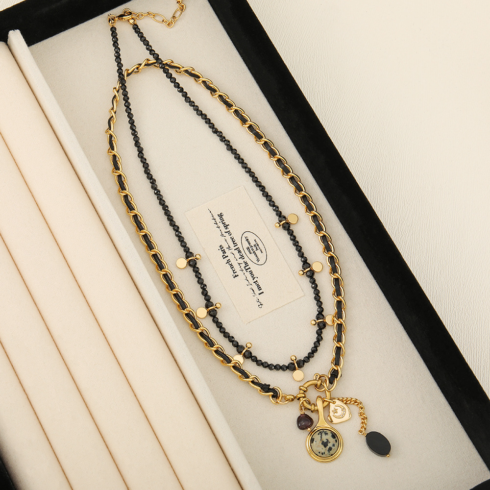 Geometric Pattern Retro Geometric Natural Stone Copper Black Pointed Crystal Necklace In Bulk
