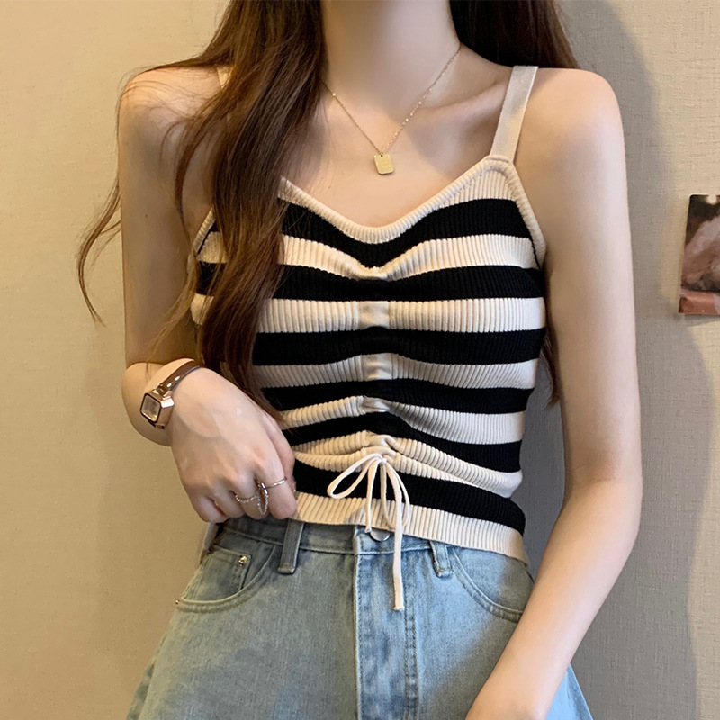 plus size Drawstring Striped V-Neck Knitted Vest Women's New Slim-Fit Summer chubby girl Short Camisole Top