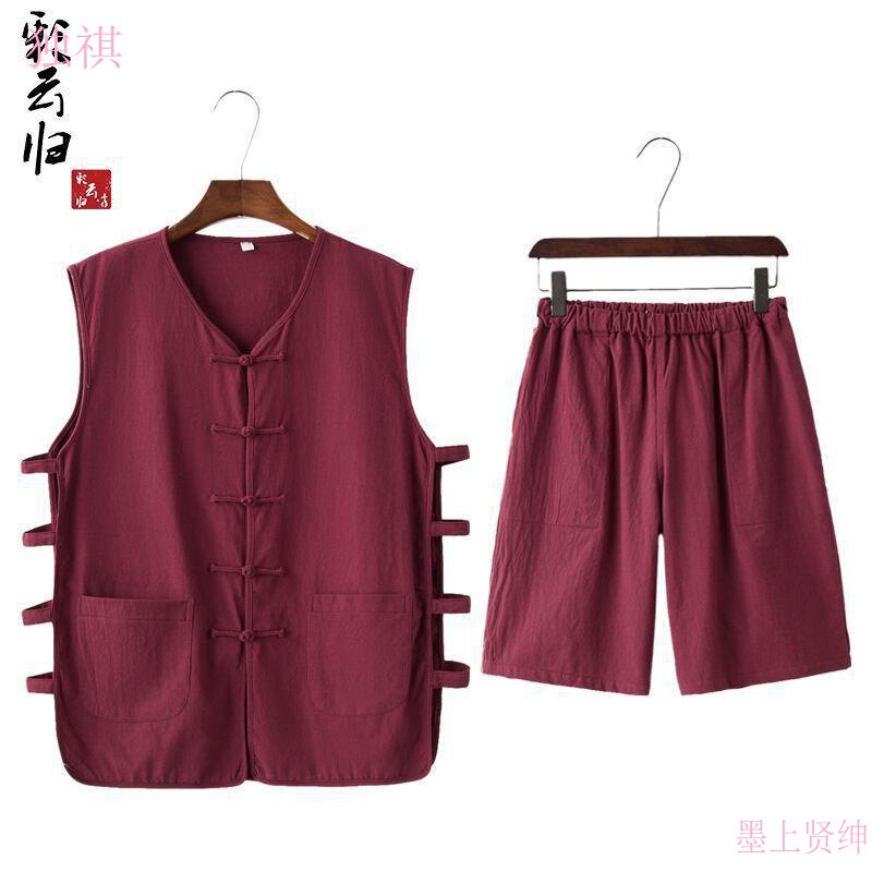 Tang Suit Men's Vest suit Cotton Linen Thin Waistcoat Sleeveless Two-piece Set Chinese Style Vest with Buckle Cardigan