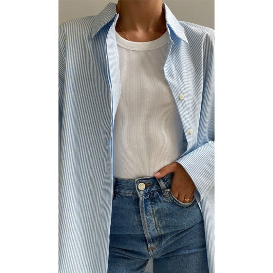 Cross-border striped shirt European and American 2024 autumn new simple high-level hidden button long sleeve striped cardigan