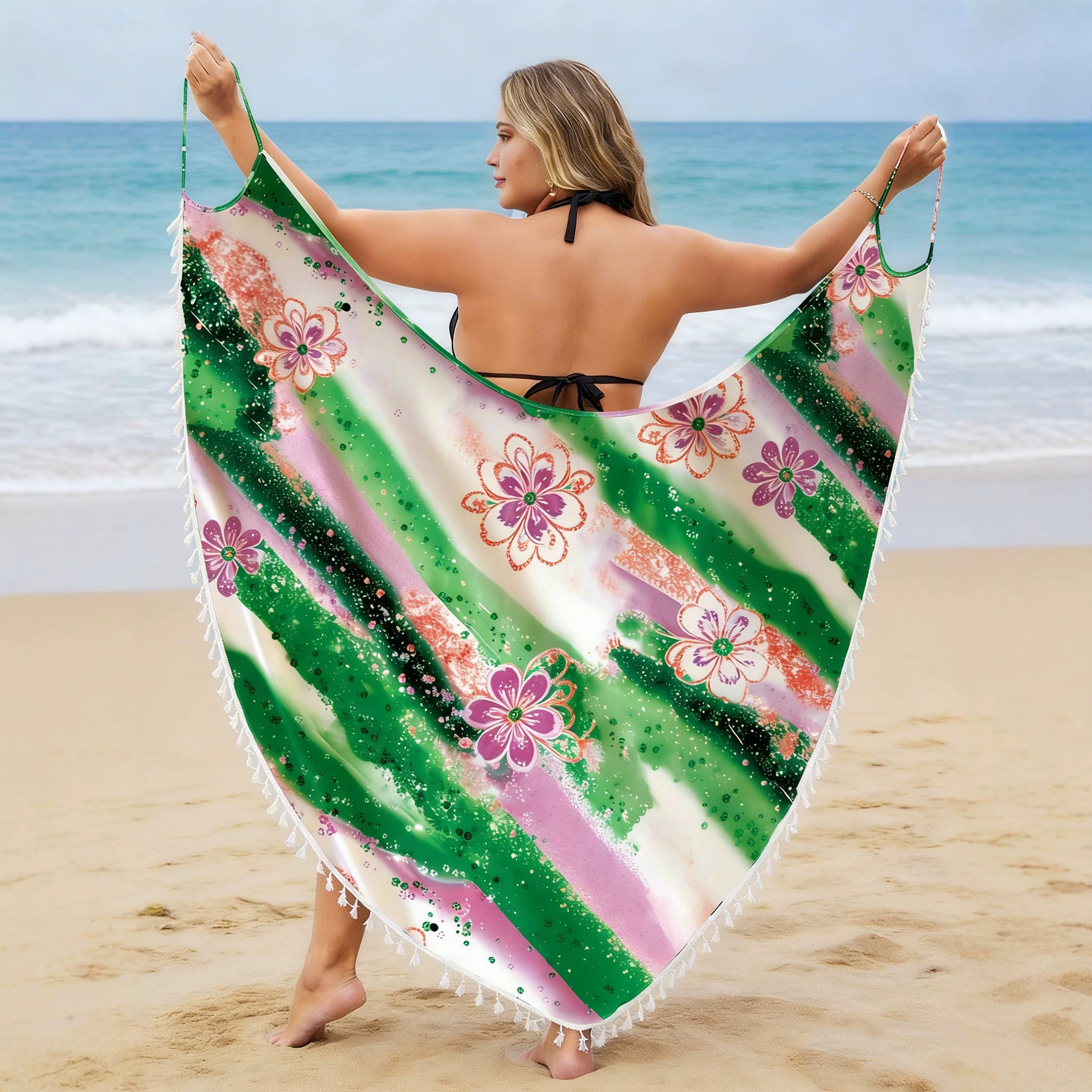 Vestido Playero Estampado de Protección Solar para Mujer de Poliéster con Borlas para Playa