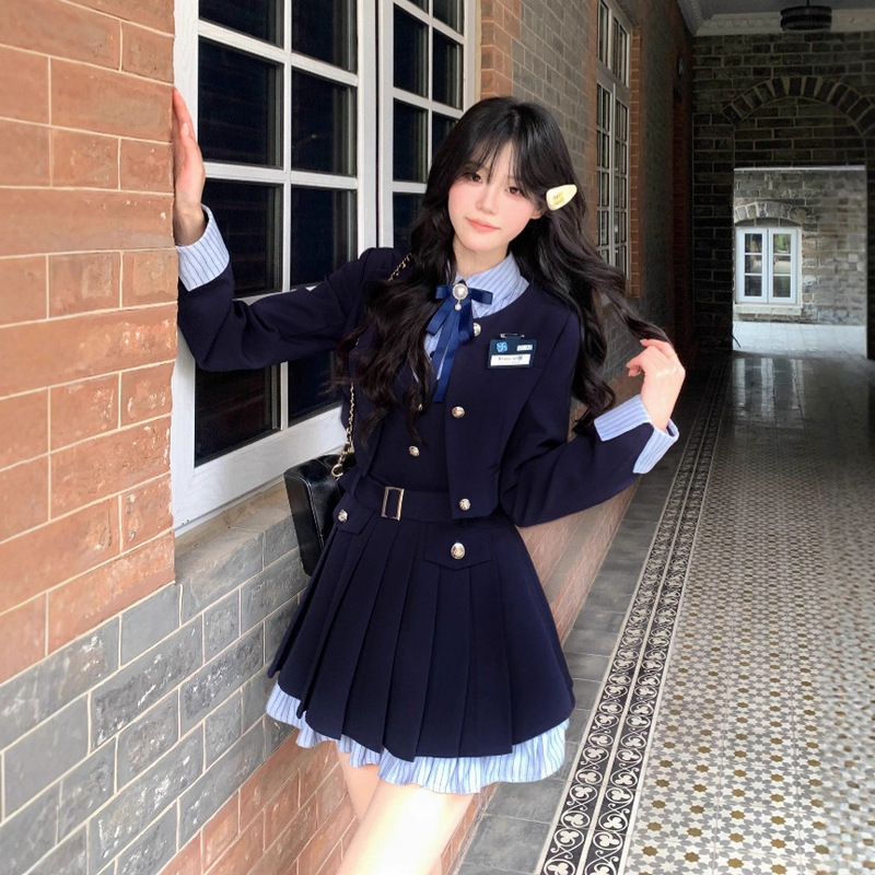 Japanese Sweet Style Outfit Jk Uniform Autumn Korean College Style Navy Blue Blazer Suspender Dress Set
