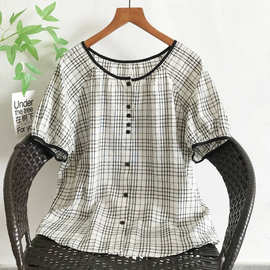 夏季新款短袖衬衫清新小格子上衣宽松圆领小衫小个子衬衣 3055