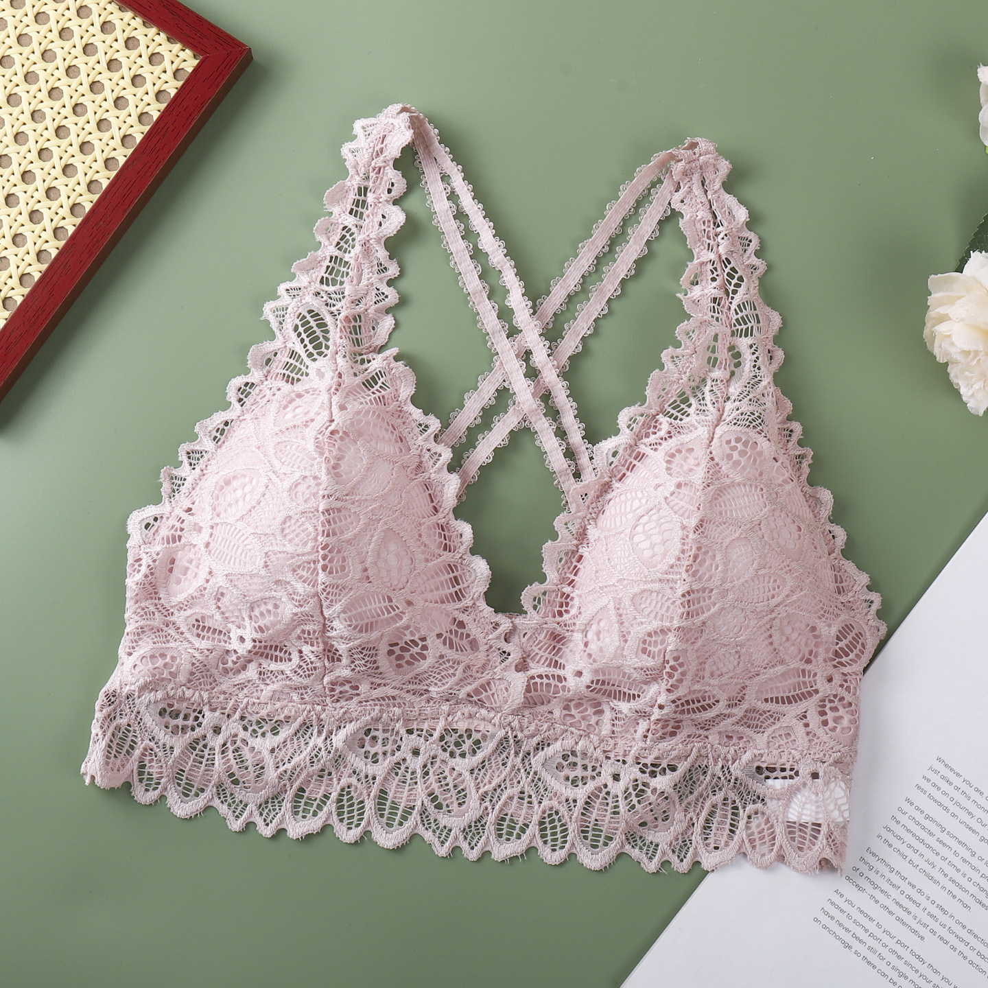 Cintas cruzadas de encaje de belleza de espalda pura sexy hueco transpirable reunido pecho pequeño mostrando un gran soporte sin anillo de acero ropa interior al por mayor