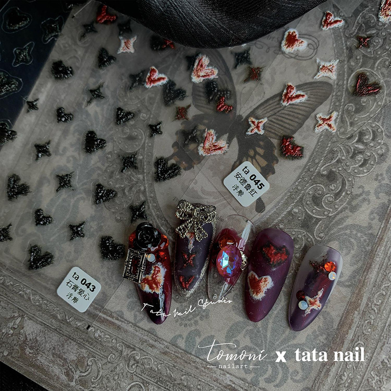 Nuevo relieve pegatinas de uñas de yeso japonés en forma de corazón Klein azul tridimensional en blanco y negro partículas fototerapia pegatinas de uñas
