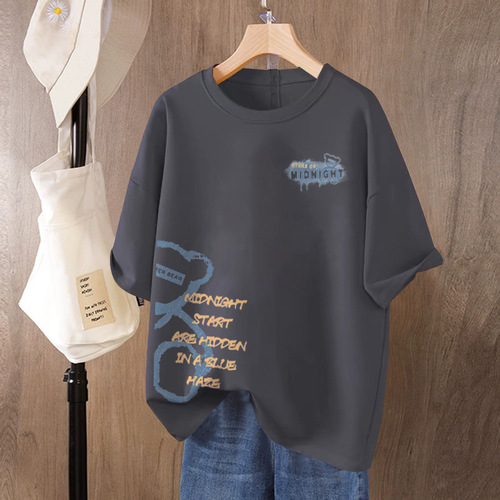 Slightly fat cover-up 100% pure cotton short-sleeved T-shirt for women 2025 summer large size loose round neck printed top trendy