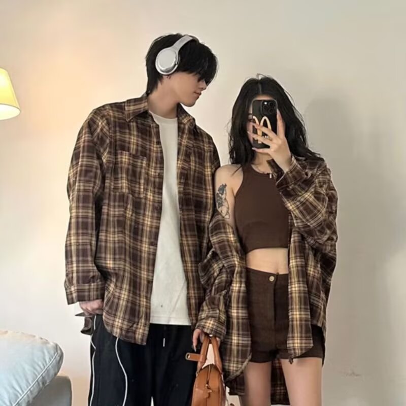 显瘦甜美街头复古格子长袖衬衫翻领男女情侣款设计感宽松衬衣外套