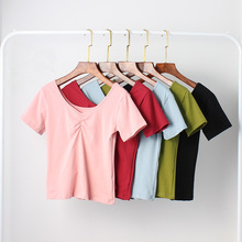 纯色v领短袖t恤女修身显瘦短款上衣