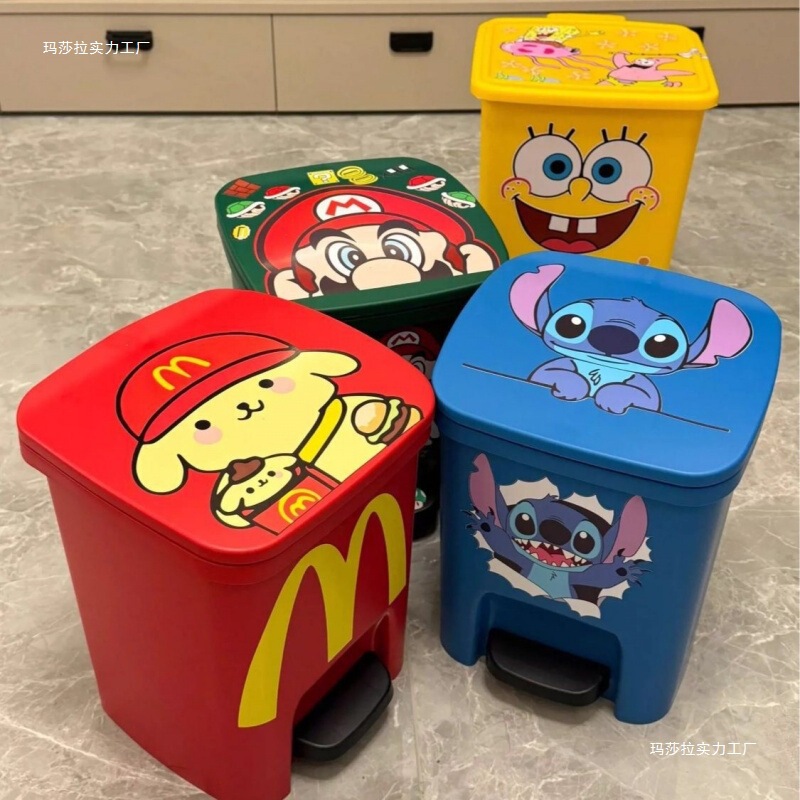 Mario Trash Can for Home Living Room Cute Cartoon Animation Large Capacity Red Thickened Pedal Paper Basket