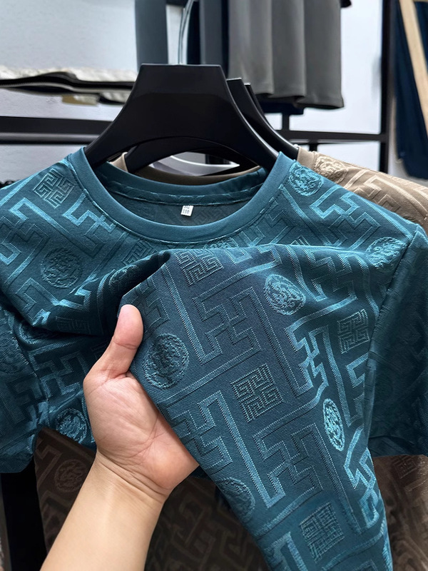 源メーカー丸首男性通気tシャツカジュアルアイス半袖ファッションジャカード薄い夏半袖上着|undefined