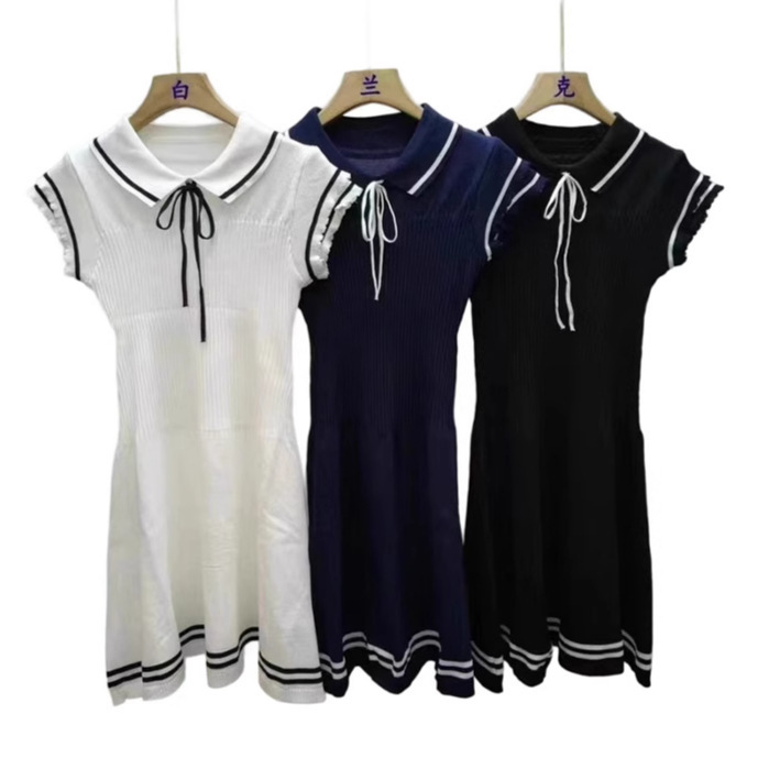 2025 Summer Korean Style New College Navy Style Small Flying Sleeves Soft Waxy Ice Silk Knitted Lace-Up Dress for Women