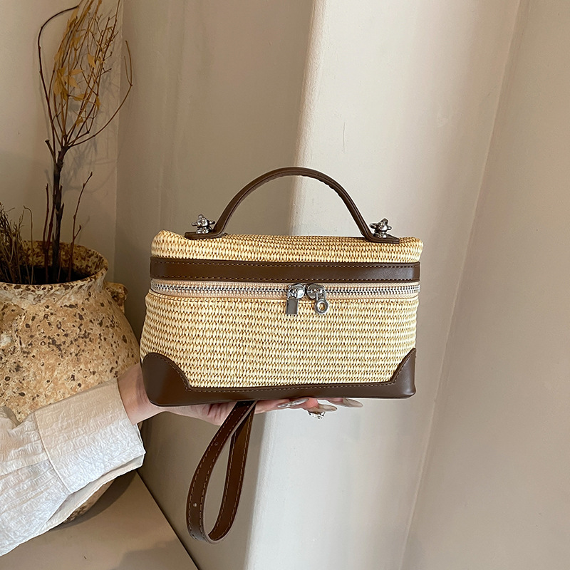 歐美復古時尚手提盒子小方包包女2024跨境新款帆布撞色拼接斜挎包