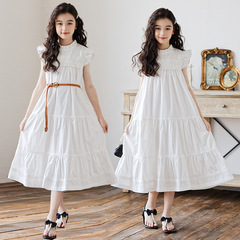 女童連衣裙2024春夏裝飛袖貼花邊連衣裙新款童裝兒童公主裙子潮