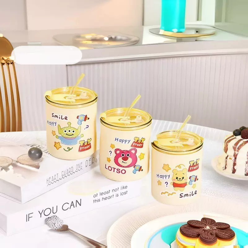 跨境小熊卡通玻璃吸管杯学生可爱咖啡杯玻璃水杯大容量随手杯子