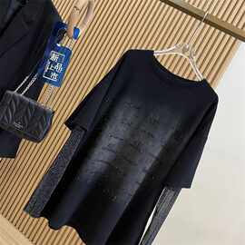 公羽翁特大码300斤胖mm假两件重工拼接金丝设计T恤新款宽松渐变长