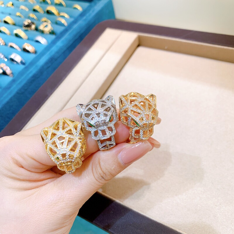 Kajiaの新しいクロスボーダー18Kメッキリング、ヨーロッパとアメリカンスタイルの空のヒョウヘッド象嵌ジルコニウムリング、軽い高級感とハイエンドのハンドジュエリー|undefined