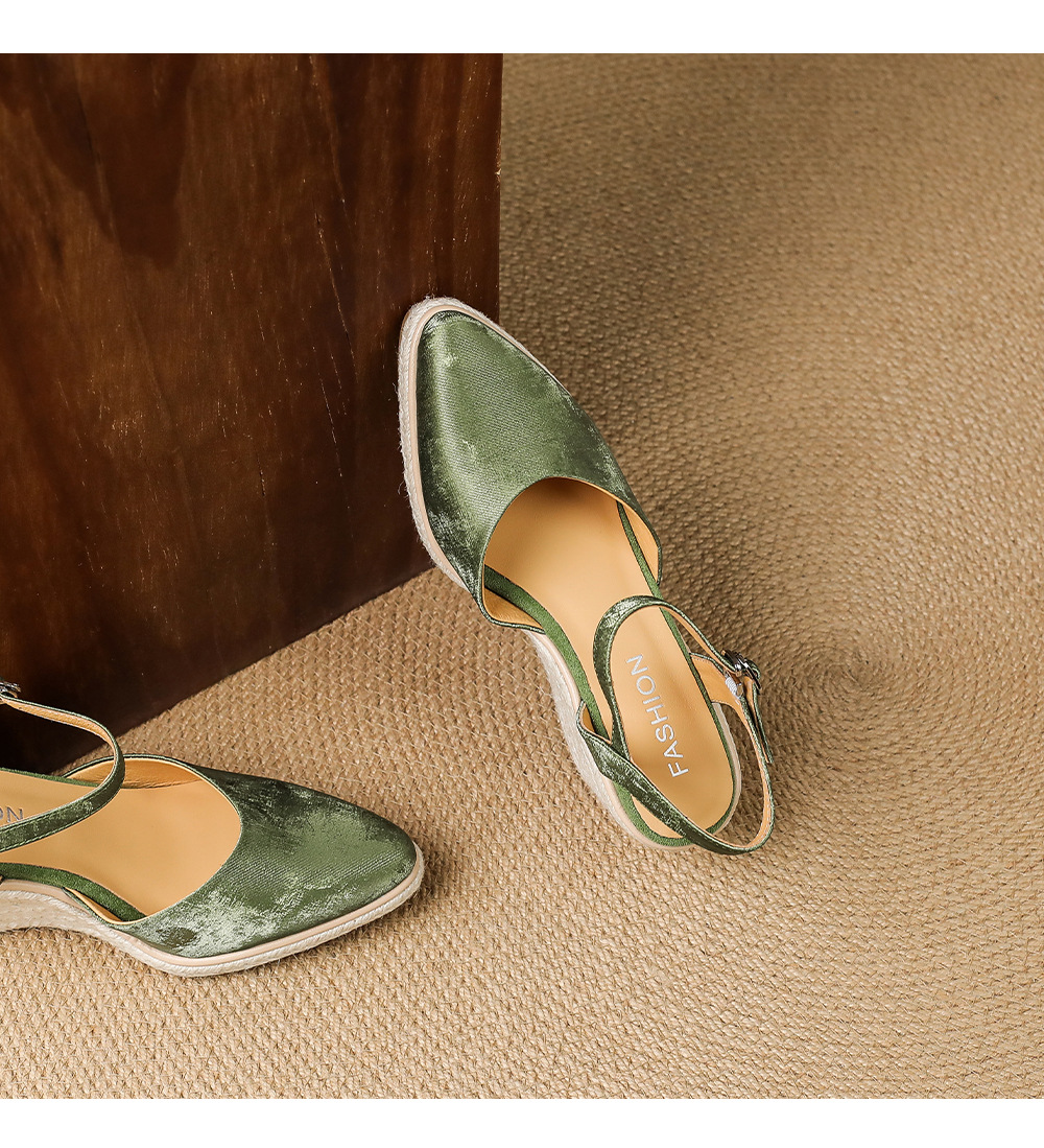 Sandal cao gót nữ phong cách Tân Trung Hoa, mũi kín quai ngang, đế xuồng bện rơm, gót 7 cm — xanh lá cây, màu mơ chi tiết 14