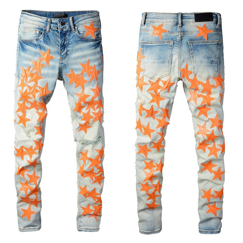 824Amiri High Street Leather Star Trendyy Jeans for Young Men High Craft Elastic Slim High Street Jeans