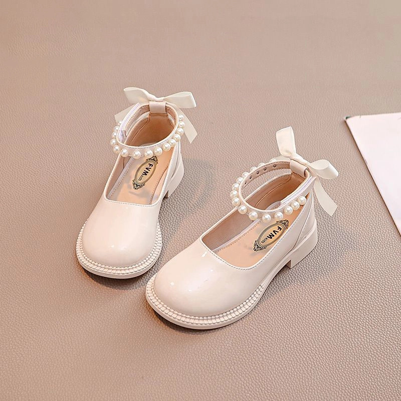 女童公主小皮鞋2025春季新款小学生高跟鞋白色蝴蝶结儿童春秋单鞋