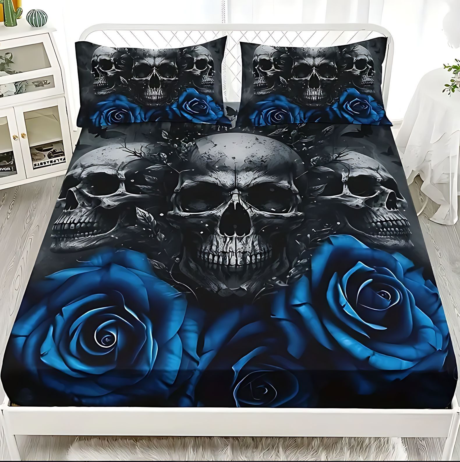TEMU / JIT serie de esqueleto oscuro impresión digital de alta definición cama molida cama caseta colchón conjunto de ropa de cama