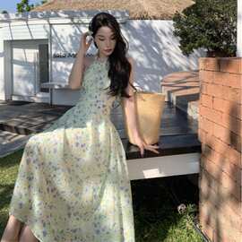 绝美法式绿色碎花连衣裙挂脖露背绑带收腰海边度假沙滩裙长裙