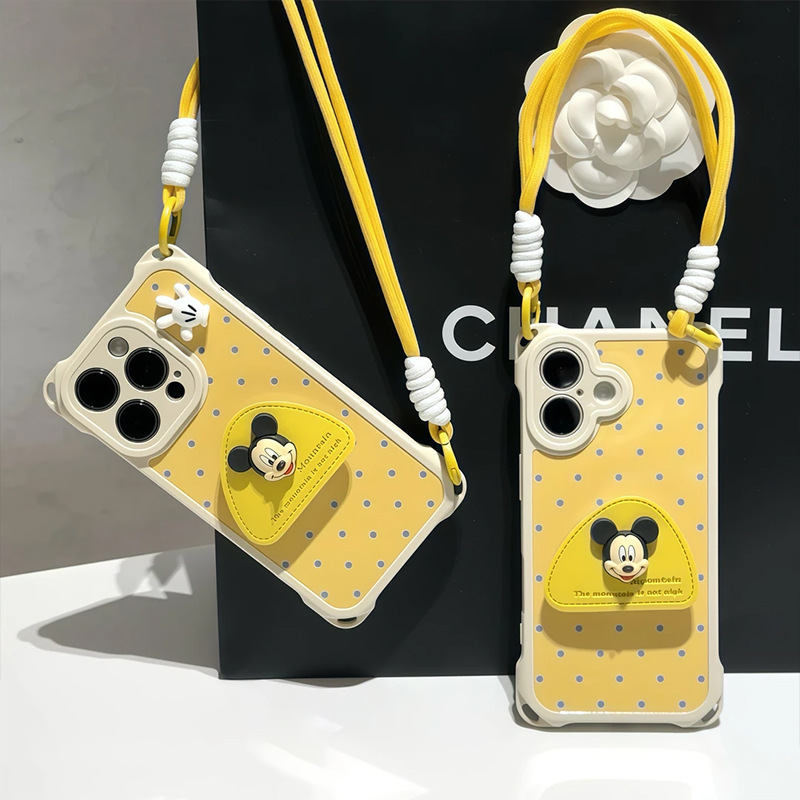 Suitable for iPhone 17 Phone Case with Polka Dot Mickey Stand and Wrist Strap, Compatible with Apple 16, Huawei/Oppo/Vivo, Xiaomi 15